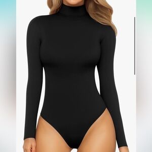 Black Fitted Long Sleeve Bodysuit with Mandarin Collar